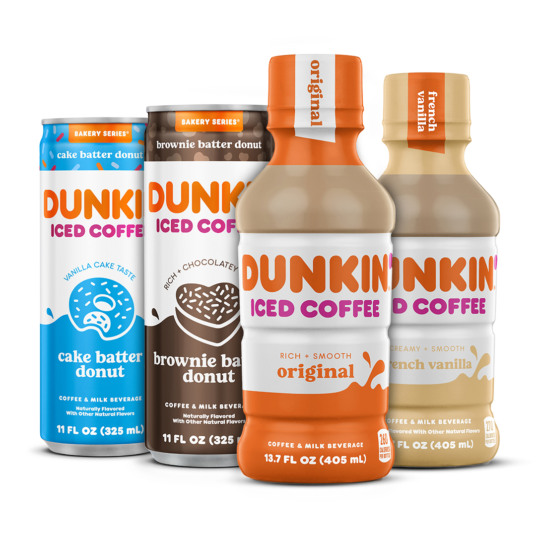 two cans and two bottles of dunkin coffee