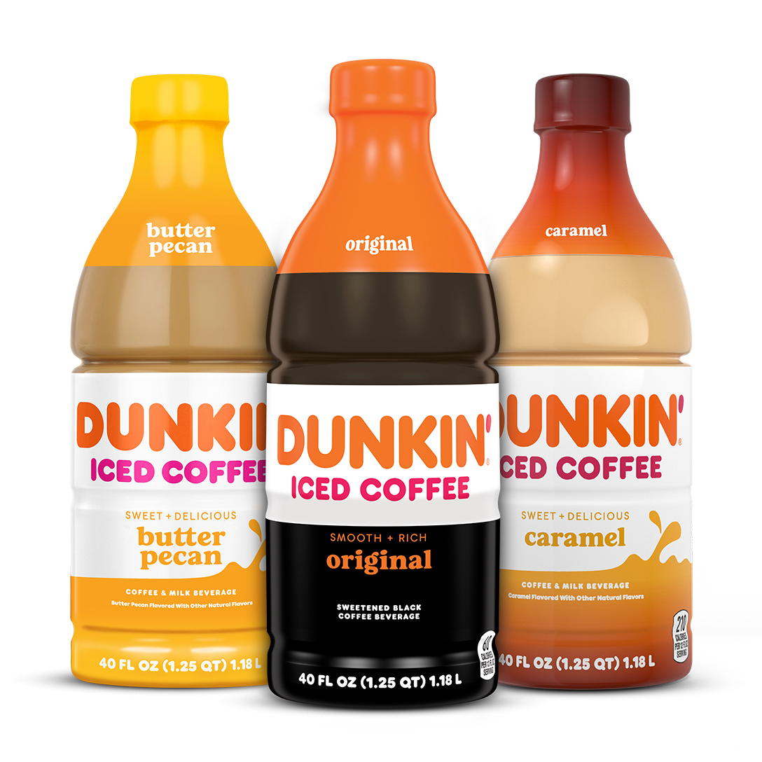 three bottles of dunkin iced coffee