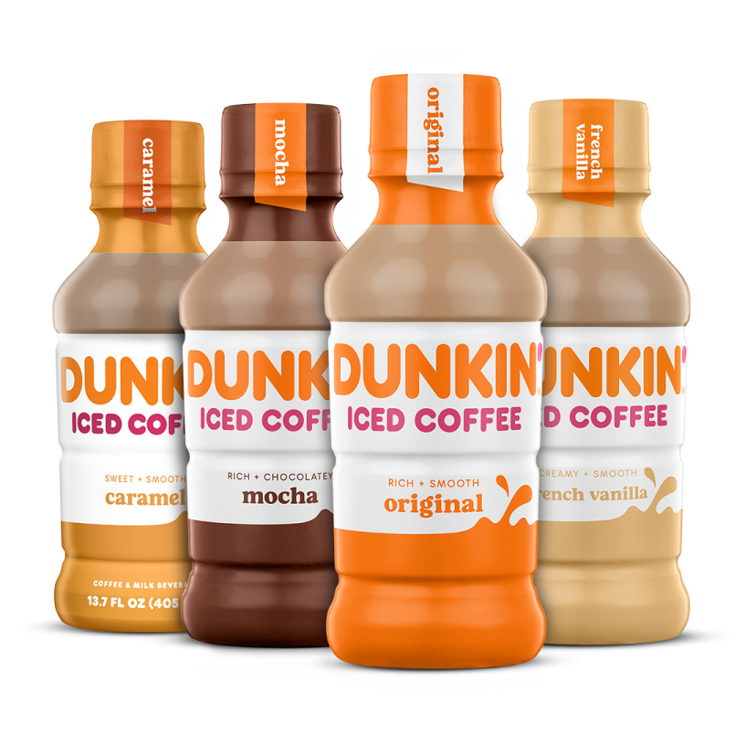 four bottles of dunkin iced coffee