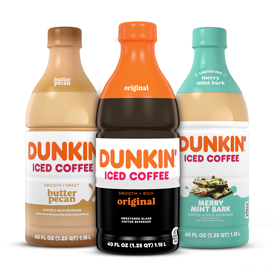 three bottles of dunkin iced coffee