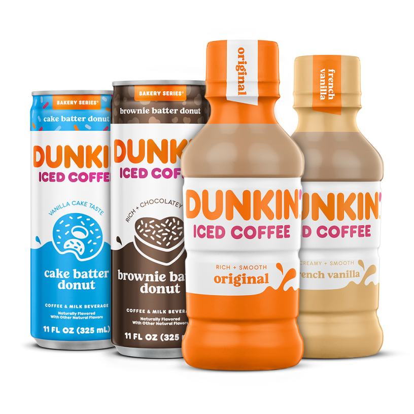 two cans and two bottles of dunkin coffee